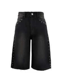 女士休闲牛仔短裤，带串珠口袋和直筒裤型设计，非常适合万圣节派对。 - 黑色 - 查看 5