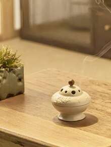 1pc Ceramic Incense Burner With Chinese Floral Embossed Design, Vintage Style Sandalwood Stick Holder, High-End Decor For Bedroom, Living Room, Office - Beige - View 9