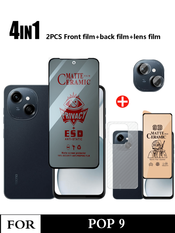 4-In-1 For Pop 9 Easy To Adhere Matte Ceramic Soft Film Anti-Spy Tempered Glass And Lens Protector And Film And Fiber Back Film