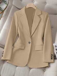Jaket Tipis Kasual/Kerja Wanita Lengan Panjang Kerah Lapel Warna Polos, Kancing Tunggal, Musim Gugur - Aprikot - View 1