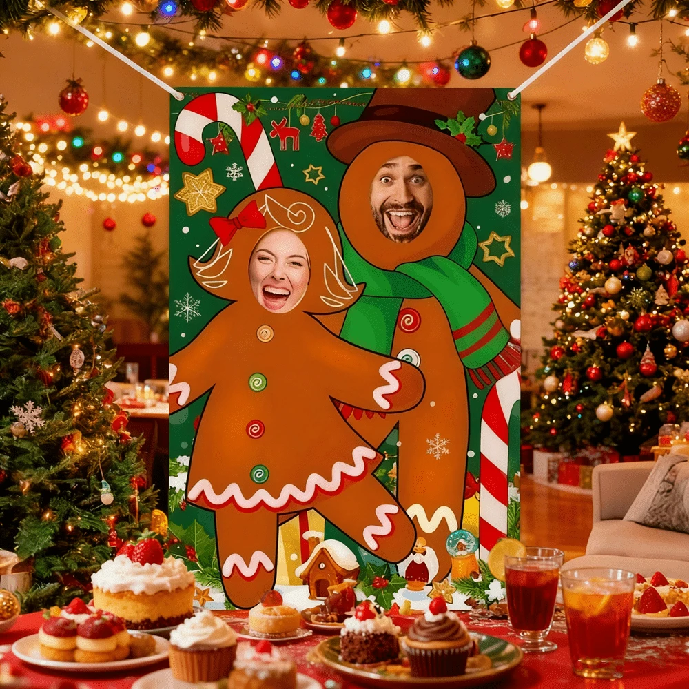 1pc,Gingerbread Photo Booth Props Banner, Large Fabric Face Photo Vertical Gingerbread Cutout Banner Background For Holiday And Winter Christmas Indoor And Outdoor Party Decorations And Supplies, Christmas Gingerbread Party Decors Fabric Large Photo Stand In Background For Holiday Xmas ﻿ - Multicolor - View 1