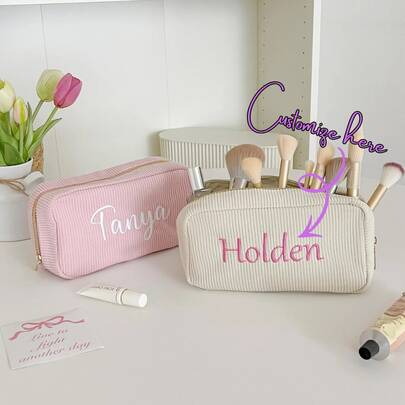 1 pieza Bolsa de maquillaje de pana personalizada, bolsa de almacenamiento con bordado personalizado de nombre, regalo de boda, bolsa de aseo de viaje, regalo de cumpleaños para mujer, regalo para dama de honor, Navidad, regalo para fiesta/hermandad