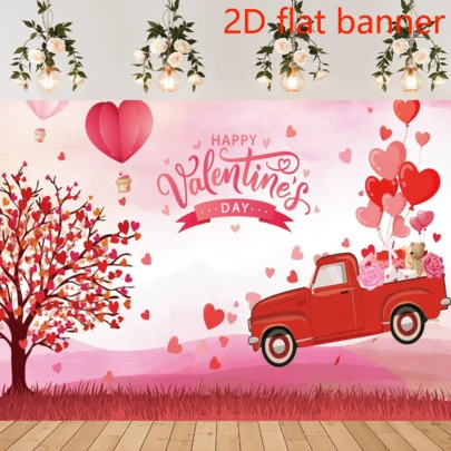 באנר שטוח דו-ממדי בסצנה הרומנטית הוורודה, המשאית האדומה והוינטג'ית, העץ בצורת לב ותבניות הגופן האמנותיות יוצרות יחד אווירה רומנטית