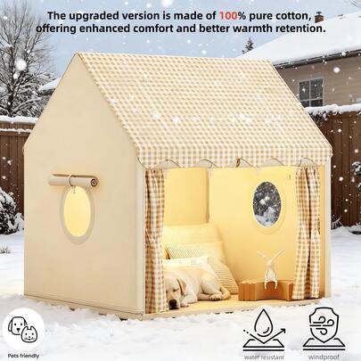 加厚双门结构布艺宠物屋（可拆卸耐用保暖），冬季加热垫，室内/室外均可使用，半封闭式猫/宠物床，温暖舒适，可拆卸可水洗，适合小型/中型/大型宠物