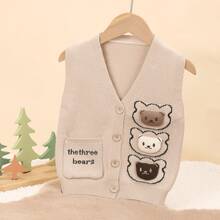 1pc Young Boy Apricot Knit Vest/Cardigan With Bear Pattern, Outerwear For Autumn