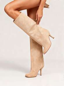 膝盖高靴方头小猫跟细高跟靴女杏色绒面革宽小腿长靴高跟休闲正装鞋冬季女式高筒靴冬靴