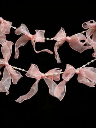 1件粉色珍珠丝带花环，透明蝴蝶结悬挂装饰，适用于春季、婚礼、婴儿派对、母亲节、浪漫家居装饰、房间装饰、花园装饰、婚礼装饰、家居装饰