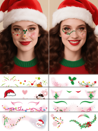 8张圣诞节临时纹身贴纸 - 防水防汗腮红眼线脸部贴花，雪花姜饼人雪人图案，适合派对、音乐节、圣诞嘉年华，是送给家人朋友的完美礼物