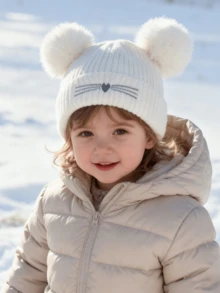 Kids Knitted Knitted Hat With Double Pom Poms And Heart Embroidery, Ear Warmer, Autumn/Winter - Double-ball Embroidered Heart Knitted Hat - View 9