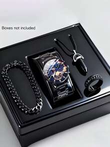 4pcs Men's Steel Band Quartz Watches, Sports Chronograph Watches - Perfect For Halloween, Christmas, Thanksgiving, Valentine's Day, Etc. - Ideal Gift For Boyfriend Or Family - Black - View 3