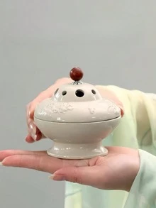 1pc Ceramic Incense Burner With Chinese Floral Embossed Design, Vintage Style Sandalwood Stick Holder, High-End Decor For Bedroom, Living Room, Office - Beige - View 4