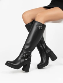 Women's Knee High Boots Wide Calf Square Toe Boots Chunky Block Heel Long Boots Side Buckles Platform Riding Shoes Fashion Side Zipper Motorcycle Boots Comfortable Party Dressy Retro Long Boots Christmas Gift - 黑色 - 查看 5