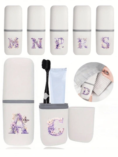 Estuche portátil para cepillo de dientes con letras de mariposa moradas, ¡mantén tu cepillo de dientes limpio y listo para llevar! Soporte portátil para cepillo de dientes, tapa portátil para taza de cepillo de dientes, adecuado para viajes, campamentos, viajes de negocios y escuela, taza multiusos para cepillo de dientes, taza de lavado de viaje, kit de almacenamiento de cepillo de dientes y artículos de tocador, caja de almacenamiento de artículos de tocador minimalista