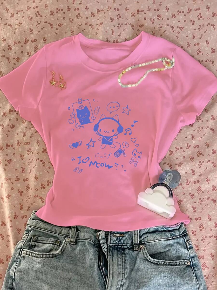 女士休闲T恤，卡通猫、星星、音符、爱心、鱼骨、天使翅膀、字母印花，创意设计，ins风，甜美少女风，美式风格，夏季百搭，青春活力，趣味T恤 - 粉色 - 查看 1