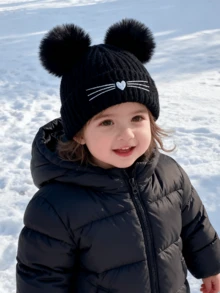 Kids Knitted Knitted Hat With Double Pom Poms And Heart Embroidery, Ear Warmer, Autumn/Winter - Double-ball Embroidered Heart Knitted Hat - View 1