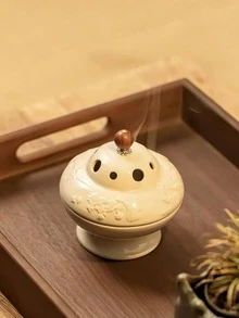 1pc Ceramic Incense Burner With Chinese Floral Embossed Design, Vintage Style Sandalwood Stick Holder, High-End Decor For Bedroom, Living Room, Office - Beige - View 5