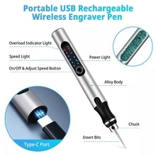 38pcs 5000-18000r/Min Adjustable-Speed Electric Engraving Tool Kit, Durable Metal & Plastic Material, Cordless USB-Rechargeable Engraving Pen Set; Sleek Silver & Black Practical Style, Ergonomic Pen Shape With 300mAh Battery, LED Battery Display, 38pcs Accessories (Bits/Sanders/Saws) & Multi-Speed Control Detail, Features Wood/Metal/Plastic Engraving, Sanding/Polishing/Etching Functions & Portable Design, All-In-One Electric Engraving Tool Kit; Perfect For DIY Craft Projects, Woodworking, Jewelry Etching, Hobby Making, Ideal For Year-Round Crafting Scenes & Great As A Gift For DIY Enthusiasts, Crafters On Christmas, Birthday Hobby Tool Upgrade Occasions - Silver Black - View 7