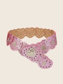 1条情人节波西米亚风闪亮浪漫粉色爱心腰带，朋克银色爱心铆钉装饰爱心扣拼接腰带，适合搭配牛仔裤、连衣裙，也适合派对、休闲外出、约会、购物、音乐节、情人节礼物、圣诞节等场合。 - 粉色 - 查看 3