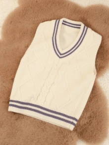 1 pc Rompi Sweater Rajut Kabel Anak Laki-laki Kasual Harian dengan Trim Bergaris dan Kerah V, Musim Gugur/Dingin - Krem - View 3