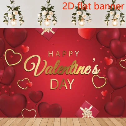 Biểu ngữ phẳng 2DTrong bối cảnh màu đỏ sang trọng và thanh lịch, những quả bóng bay hình trái tim ba chiều và những mẫu quà tặng tinh tế cùng nhau chào mừng ngày lễ tình nhân