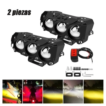 2 piezas faros auxiliares con lentes LED de aumento, tres faros con interruptor, cinco modos, luz estroboscópica y foco rojo tipo ojo de diablo, aptos para coches y motocicletas.
