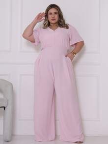 Plus Size V-Neck Fitted Jumpsuit, Wide Leg Pants With Pockets And Pleat, Discreet, Casual, Modest Fashion, Elegant, Comfortable, Loose Fit | Curve | Wide Leg - Baby Pink - View 5