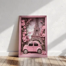 1 幅现代帆布墙画 - 埃菲尔铁塔粉色花卉汽车海报，复古粉色樱花汽车，可选带框或不带框，完美适用于家居、办公室或厨房装饰、卧室装饰 | 复黎主题，大学宿舍公寓装饰，酒店、住宅、客厅墙面装饰礼品 - 彩色 - 查看 3