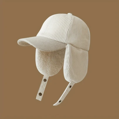 男女通用冬季保暖毛绒棒球帽，可拆卸耳罩和可调节绑带 - 防风保暖帽，适合滑雪和单板滑雪，可折叠户外帽（护耳）