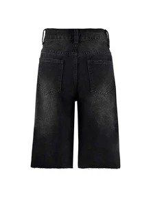 女士休闲牛仔短裤，带串珠口袋和直筒裤型设计，非常适合万圣节派对。 - 黑色 - 查看 6