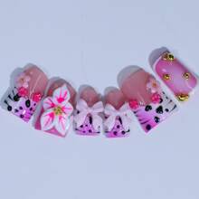 Handmade Pink Press On Nails, 3D Flowers, Zebra Print, Bows, Gold Beads, Short Square False Nails, Party, Festival, Daily Wear Summer - 玫紅色 - 查看 4