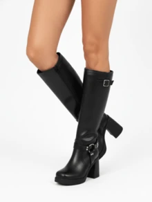 Women's Knee High Boots Wide Calf Square Toe Boots Chunky Block Heel Long Boots Side Buckles Platform Riding Shoes Fashion Side Zipper Motorcycle Boots Comfortable Party Dressy Retro Long Boots Christmas Gift - 黑色 - 查看 4