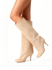 膝盖高靴方头小猫跟细高跟靴女杏色绒面革宽小腿长靴高跟休闲正装鞋冬季女式高筒靴冬靴