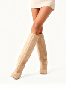 膝盖高靴方头小猫跟细高跟靴女杏色绒面革宽小腿长靴高跟休闲正装鞋冬季女式高筒靴冬靴