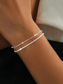 1pc Minimalist Bulingbuling Silver-Tone Double Layer Bracelet, Women Silver Beaded Chain, Plain Chain, Suitable For Girls - Silver - View 5