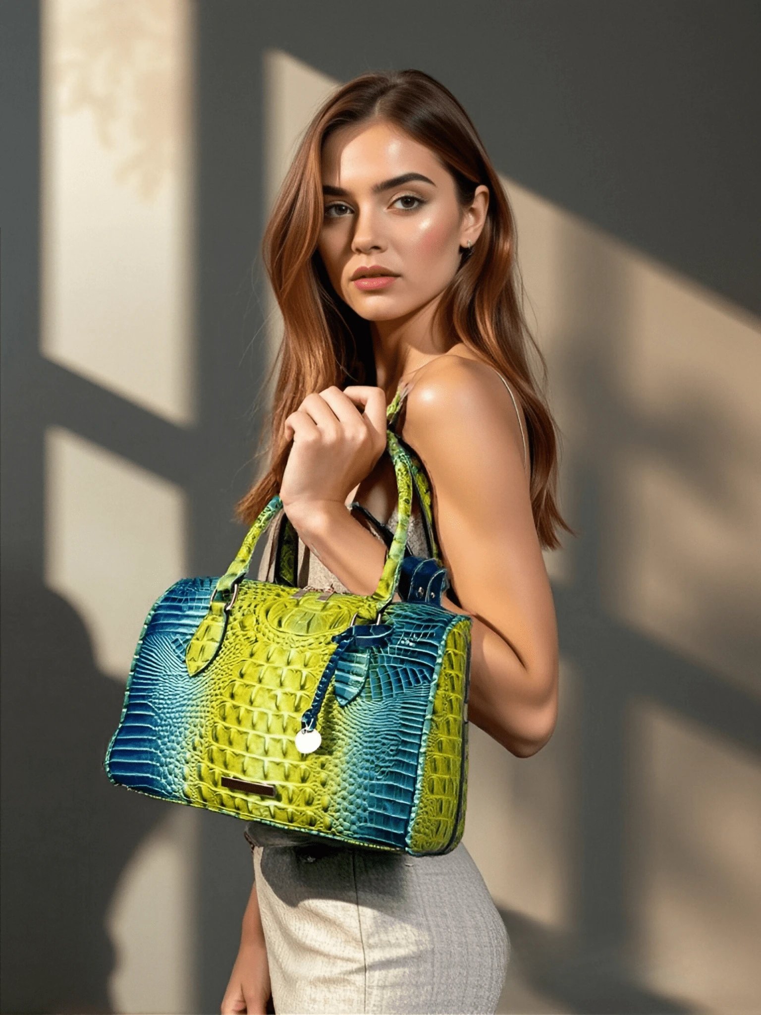Women's Handbags, Colorful Crocodile Pattern Boston Bags,  Women's Handbags - Fashionable Contrast Color Crocodile Pattern Women's Bags, Exquisite Handbags And Messenger Bags - Vàng + Xanh lam - Xem 1