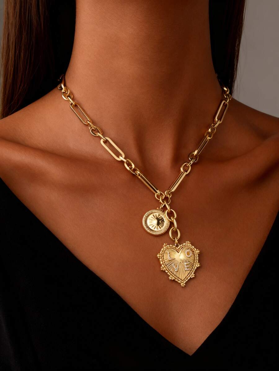 1 Piece 14K Gold Sun Heart Coin Charms Necklace For Women,Unisex Hip Hop Chunky Paperclip Choker Necklace,Cubic Zirconia Letters Love Pendant Necklacefor Wedding/Anniversary/Mother's Day/Valentin's Day/Christmas Day