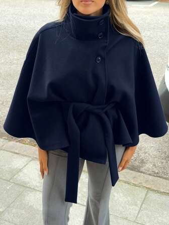 Women's Elegant Daily Solid Color Woolen Stand Collar Cinched Waist Waist Short Overcoat, Solid Color Belt, Front Button Closure, Daily Wear