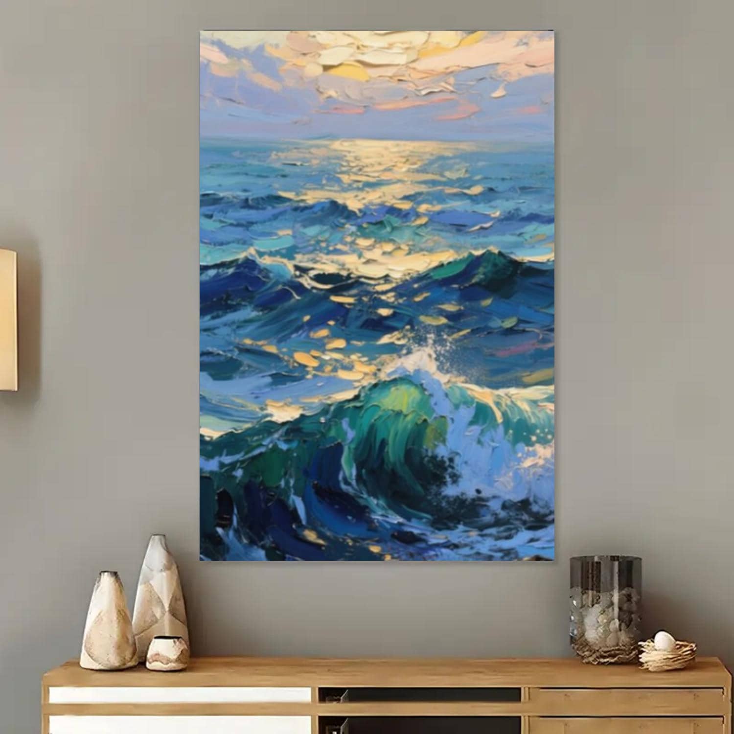 Framed Hand-Painted Abstract Blue & Green Ocean Waves D Oil  On Canvas - Turquoise & Navy Modern Impressionist Wall Art, D Brushstroke Mural For Living Room, Bedroom, Office - Luxury Coastal Or Modern Décor ( - Framed - 查看 1