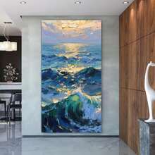 Framed Hand-Painted Abstract Blue & Green Ocean Waves D Oil  On Canvas - Turquoise & Navy Modern Impressionist Wall Art, D Brushstroke Mural For Living Room, Bedroom, Office - Luxury Coastal Or Modern Décor ( - Framed - 查看 2