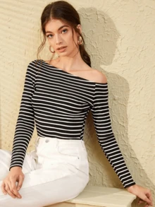 Sweaters For Women Slim-Fit Color-Block Knit High-Elastic Striped Simple Casual Long-Sleeve Women's Sweater - Black - View 1