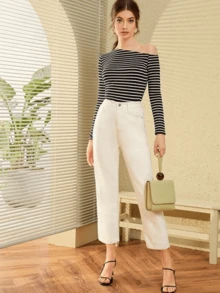 Sweaters For Women Slim-Fit Color-Block Knit High-Elastic Striped Simple Casual Long-Sleeve Women's Sweater - Black - View 4