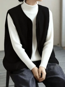 大码女式前扣口袋罗纹优雅休闲背心夹克，适合休闲、日常通勤 - 黑色 - 查看 5