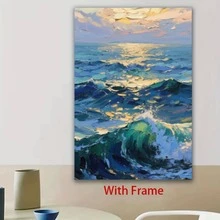 Framed Hand-Painted Abstract Blue & Green Ocean Waves D Oil  On Canvas - Turquoise & Navy Modern Impressionist Wall Art, D Brushstroke Mural For Living Room, Bedroom, Office - Luxury Coastal Or Modern Décor ( - Framed - 查看 5
