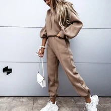 2 Stücke /Set Damen lässig einfarbiger Hoodie und Jogginghose, Herbst/Winter - Kaffeebraun - Übersicht 2