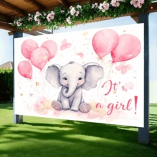 1件套异想天开的大象主题婴儿派对背景布，高品质涤纶材质，摄影道具，包含粉色和樱桃气球、动物背景、星星和月亮图案、横幅和派对装饰——送给准父母的独特礼物，女孩主题生日用品和婴儿派对装饰 - 彩色 - 查看 5