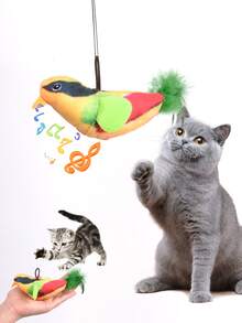 1pc Random Color Migipaws Cat Doll, Interactive Realistic Mockingbird Flapping Wings Doll, Includes Cat, Feathers Suspended By Elastic Cord, Auto Chirping, Suitable For Indoor Cat Self-Play, Sparrow Bird Plush Pet Doll