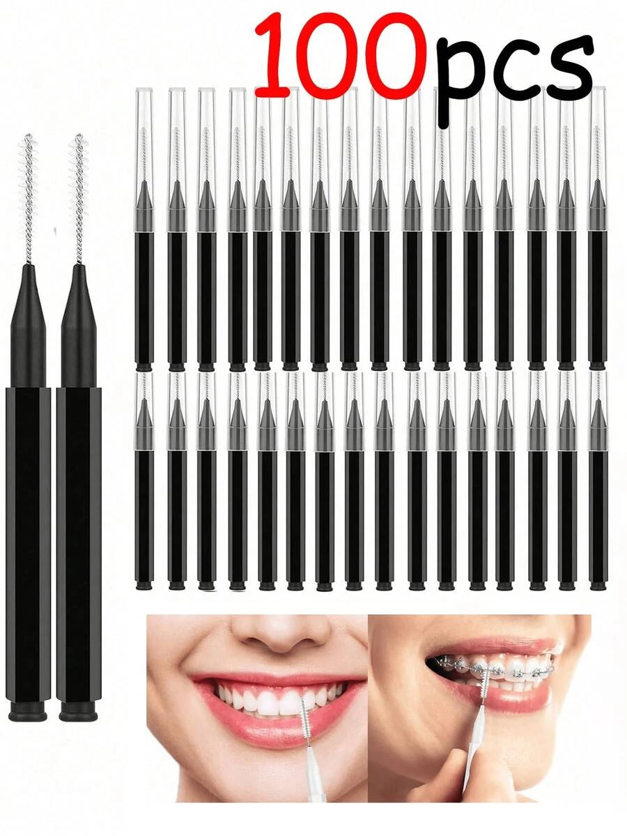 5/20/50/100支装成人直牙线棒，清洁牙缝，正畸牙套，牙齿清洁，软毛牙间刷，正畸牙线棒，一次性牙间清洁器（黑色） - 黑色 - 查看 1