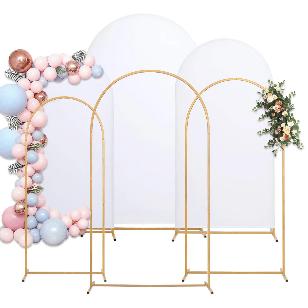 3Pack 7.2FT 6.6FT 6FT Metal Arch Backdrop Stand Arch Covers For Party Decoration, Golden Wedding Arch Backdrop Stand And White Spandex Arch Backdrop Cover Set For Wedding Ceremony, Birthday Parties, Christmas, Halloween, New Year Decoration - 彩色 - 查看 1