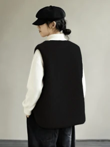 大码女式前扣口袋罗纹优雅休闲背心夹克，适合休闲、日常通勤 - 黑色 - 查看 6