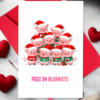1 st roliga julkort med grisar insvepta i filtar för kvinnor och män, vänner, grannar, familj, bra för jul, nyår och speciella tillfällen, högkvalitativa, humoristiska julkort. Små rosa grisar insvepta i filtar